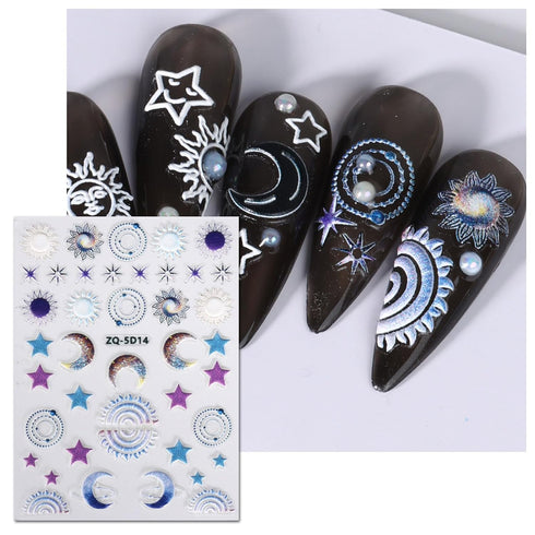 JMEOWIO 3D Embossed Moon Star Sun Nail Art Stickers Decals Self-Adhesive Pegatinas Uñas 5D Black White Heart Nail Supplies Nail Art Design Decorat...