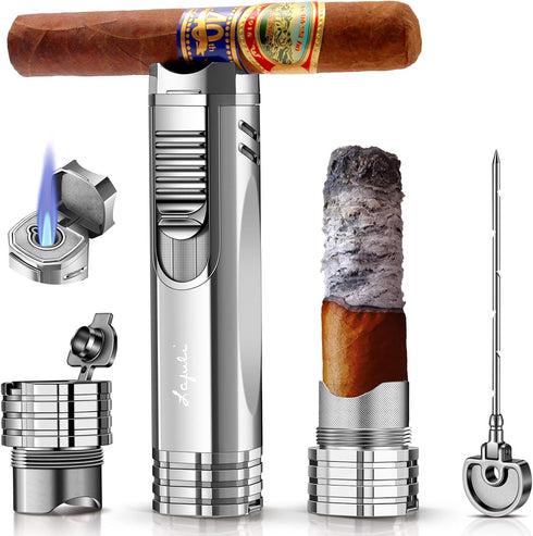 Cigar Lighter, Cigar Punch, Cigar Draw Enhancer, Cigar Holder,All-in-one Refillable Butane Torch Lighter. Cigar Accessories(Gas Not Included)...