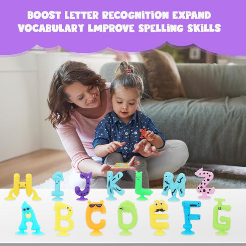 Alphabet Letters Learning Suction Toys: ABC Silicone Baby Bath Toys, Bathtub/Windows/Car/Travel Toys for Toddlers 1-3, Preschool Educational Monte...
