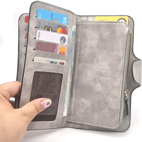 Soft PU Leather Trifold Women's Fashion Wallets Card, Coin Organizer Buckle Opening Lady Clutch (Gray)...