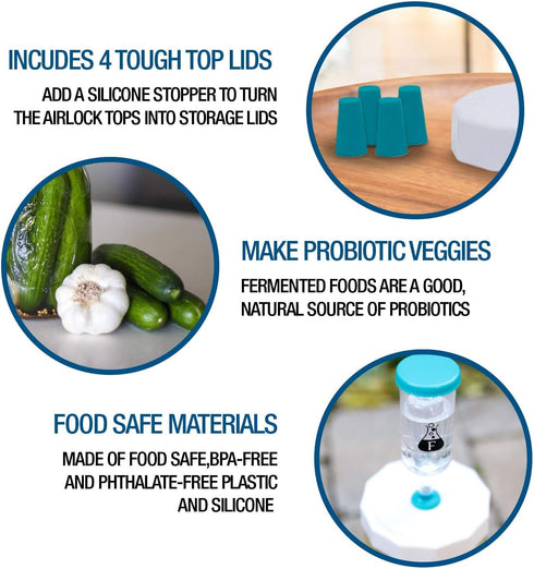 Sauer System Fermentation Airlocks – Lids, Grommets, Gaskets, Stoppers – for Regular Mouth Mason Jars – 4 Pack...