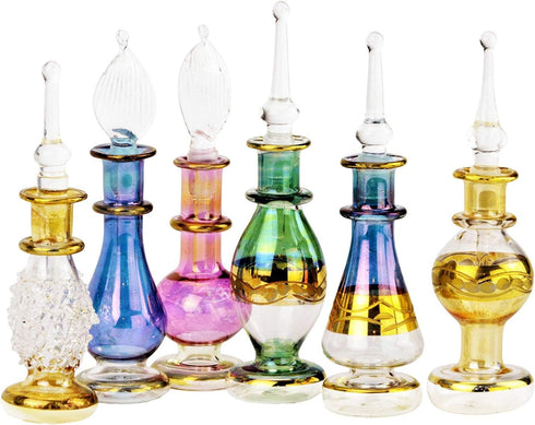 NileCart Egyptian Perfume Bottles 6 Pack Size 2” Hand Blown With Handmade Golden Egyptian Decoration For Perfumes Oil & Essential Oils....