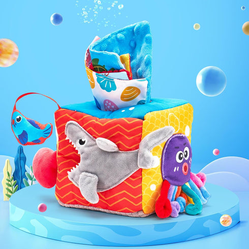 hahaland Baby Tissue Box Toy - Baby Toys 6-12 Months Montessori Toys for 6 Month Old Toys with Textured Tails, Cloth Tissues, Crinkle, Squeaky Sou...