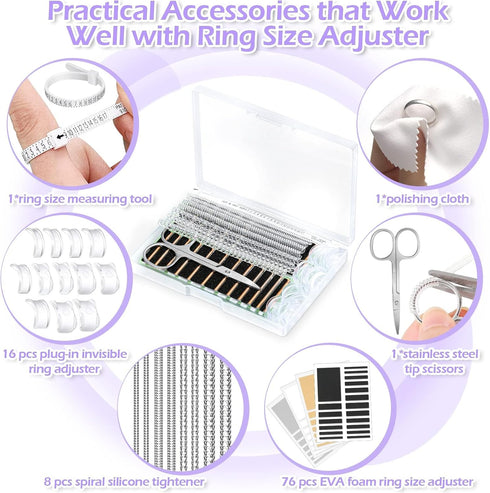 100 Pcs Ring Sizer Adjuster for Loose Rings with Ring Size Measuring Tool, Plug-in Invisible Ring Guards Silicone Tightener EVA Foam Ring Size Adj...