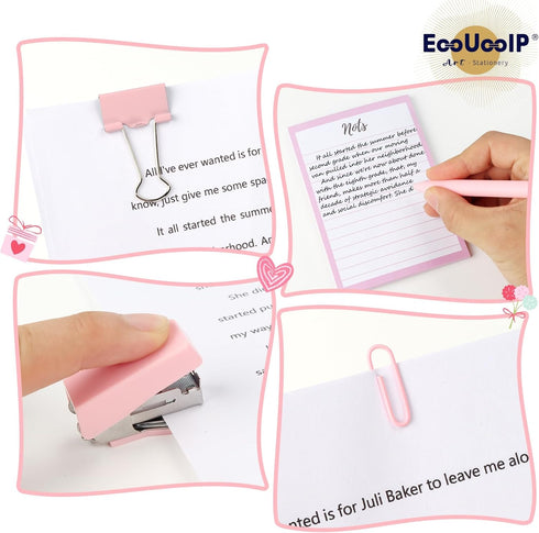 EooUooIP Desk Accessories Binding Set,Practical and Beautiful Pink Office Supplies Set,Stapler Hole Puncher Paper Clips and Ballpoint Pen for Offi...