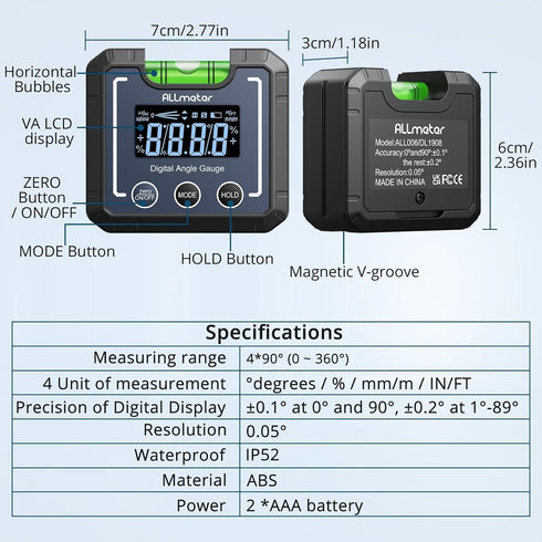 0-360°(4 * 90°) Digital Angle Finder Level Magnetic Electronic Gauge Inclinometer Protractor Tool with Bubble Level and Magnetic Base LCD Backligh...