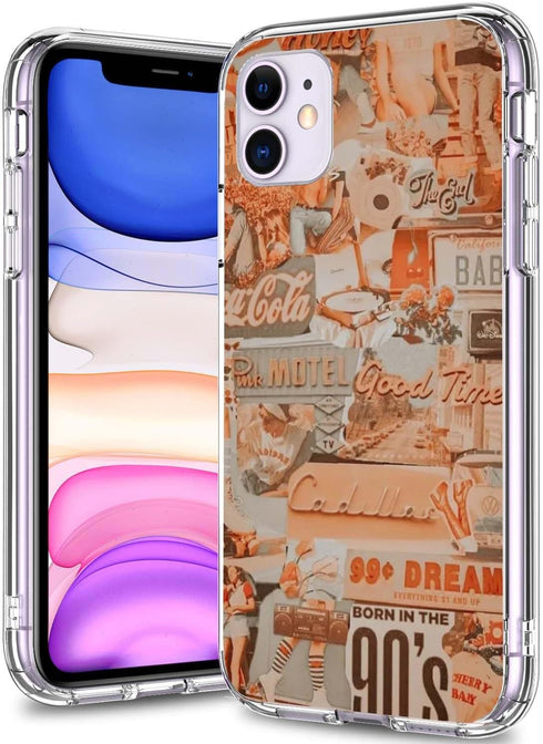 Aesthetic Vintage Collage Pattern Case Compatible with iPhone 11, Peach Collage Pattern TPU Shockproof Protective iPhone 11 case, Wireless Chargin...