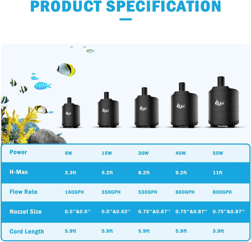 AQQA 160-800GPH Aquarium Submersible Water Pump Fish Tank Small Water Pump Adjustable Waterflow with 2 Nozzles for Fish Tank Water Circulation Poo...