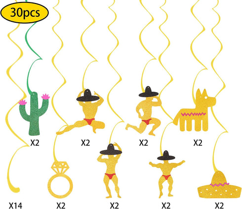 30Pcs Hanging Swirl Bachelorette Party Decorations, Funny Bridal Shower Party Supplies, Glittery Mexican Cactus Man Ring Garland Engagement Weddin...