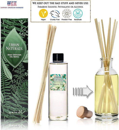 Urban Naturals White Tea Scented Oil Reed Diffuser Refill | Includes a Free Set of Reed Sticks! 4 oz....