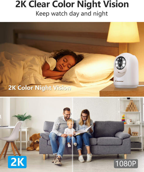 Jennov 2K Pan/Tilt Indoor Cameras for Home Security - 2.4 GHz Pet Dog Camera with Phone App, WiFi Baby Camera Monitor, Color Night Vision, Motion ...