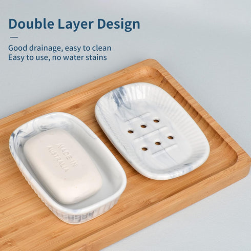 Ceramic Soap Dish, Self-draining Soap Holder, Double Layer Bar Soap Holder Marble Blue, Draining Soap Dishes for Bathroom Shower Kitchen, Easy to ...