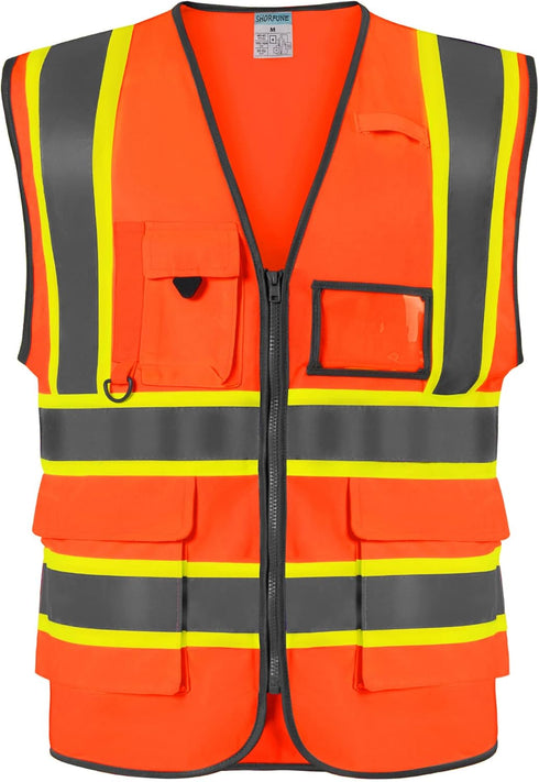 High Visibility Safety Vest with Pockets, Mic Tab, Reflective Strips and Zipper, ANSI/ISEA Standards,Oange,M...