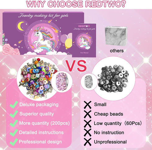 Redtwo 200 Pcs Charm Bracelet Making Kit, Friendship Jewelry Making Supplies Unicorn/Mermaid/Birthday Gifts Toys for Teen Girls Age 4 5 6 7 8 9 10...