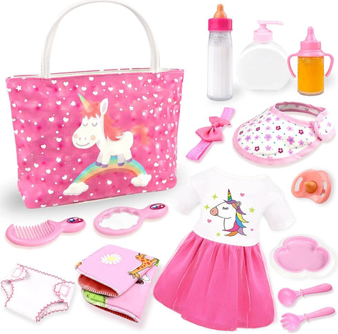 BNUZEIYI Baby Doll Accessories -Baby Doll Feeding and Caring Set with Diaper Bag Bottles for Girls Toys Gift, Stuff Doll Clothes fit 14-16 Inch Do...