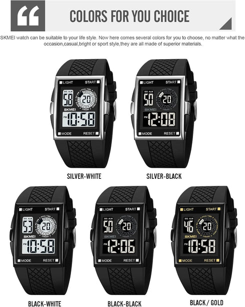 Men's Luminous Square Digital Sports Watch Waterproof Countdown Multi-Function Watch...