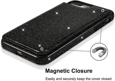 UEEBAI Case for iPhone 7 Plus 8 Plus, Premium Glitter PU Leather Case Back Wallet Cover with Two Magnetic Clasp, Card Slots, Stand Function, Durab...
