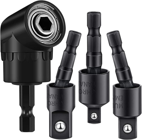 4-Piece Power Drill Sockets Adapter Sets,360°Rotatable 1/4" 3/8" 1/2" Impact Grade Driver Sockets Adapter Extension Set Drill Bit+105 Degree Right...