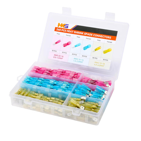 HKS 260PCS Spade Connector Kit - Male and Female Terminal - Heat Shrink Electrical Quick Disconnect Wire Connectors Kit - Tinned Red Copper - Auto...