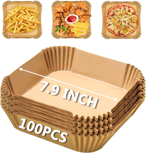 Air Fryer Disposable Paper Liners Square, 7.9 Inch Air Fryer Parchment Paper Liner 100 PCS, Non-Stick Air Fryer Paper Pads Oil Resistant, Food Gra...