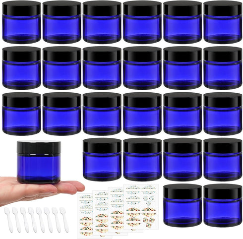 EkkoVla 24 Pack 2 oz Round Blue Glass Cosmetic Jars with Inner Liners and Black Lids, 60ml Small Travel Jars, Empty Refillable Containers for Samp...