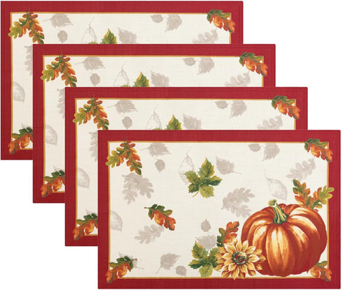 Elrene Home Fashions Swaying Leaves Bordered Fall Placemats, Seasonal Dining Table Mats, 13" W x 19" L, Set of 4...
