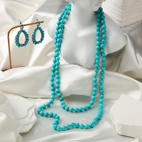 Bonuci Women Necklace Set Long Turquoise Beads Endless Vintage Jewelry Simulated Collar Western Necklace Cute Turquoise Jewelry Earring Accessorie...