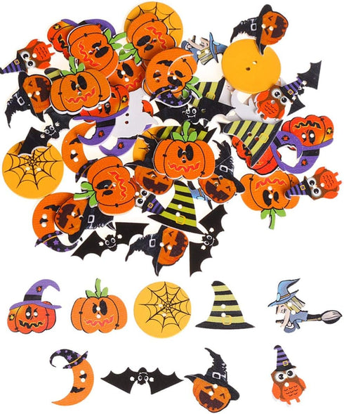 100 Pieces Halloween Wood Buttons Pumpkin Witch Spider Bat Owl Shaped Wooden Buttons 2 Holes Buttons for Sewing Knitting Scrapbooking DIY Hallowee...
