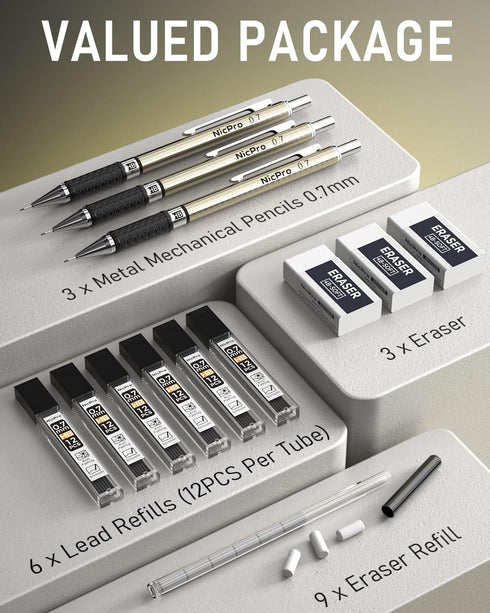 Nicpro 0.7 mm Art Mechanical Pencil Set in Storage Case, 3 PCS Metal Drafting Pencil Lead Pencil with 6 Tube HB Lead Refills, 3 Erasers, 9 PCS Era...