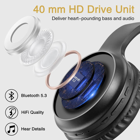 A10 Noise Cancelling Headphones Wireless, Black Bluetooth Headset with Mic, Bluetooth 5.3, HiFi Stereo Sound, Deep Bass, 20+H Playtime, Lightweigh...