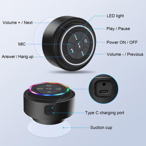 Bluetooth Shower Speaker, Portable Bluetooth Wireless Waterproof Speaker for Pool, Floating IP67 LED Light Bathroom Speaker with Suction Cup, Buil...