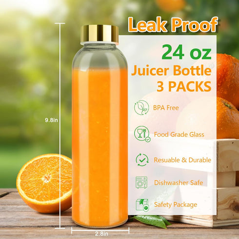 Glass Juice Bottles with Lids for Juicing 24 oz, Reusable Clear Glass Water Bottles with Stainless Steel Airtight Cap for Refrigerator, 100% Leak ...