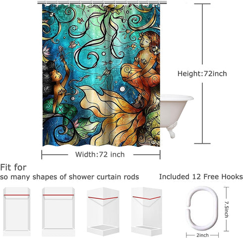 LIVILAN Mermaid Shower Curtain, Jellyfish Fabric Bathroom Curtains Set with Hooks Marine Ocean Animals Bathroom Decor Washable 72x72 Inches...