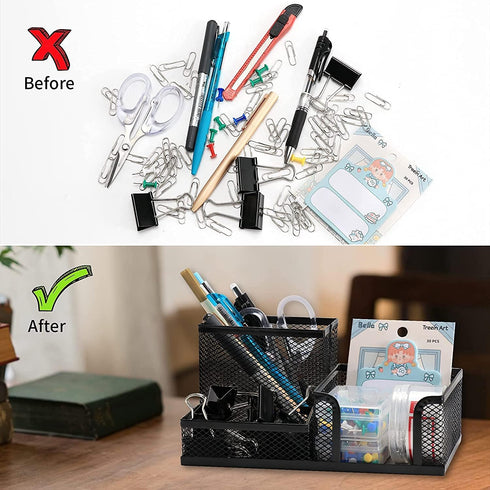 Desk Organizer Caddy, 3 Compartments Pen Holder, Metal Office Supplies Organizer for Office Home School (Black)...