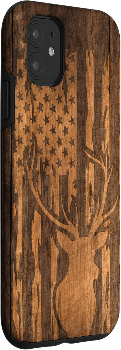 iPhone 11 Deer Buck with Flag on Wood-like Background Case...