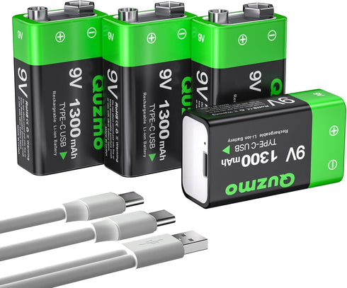 4-Pack Rechargeable 9V Batteries, 1300mAh 9 Volt Lithium-ion Long Lasting Power, USB-C Recharge with 2 in 1 Charging Cable for Smoke Alarms,Multim...