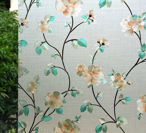 VSUDO Static Cling Decorative Window Privacy Film – Frosted Privacy Window Film with Jasmine Floral & Stained Glass Design, Adhesive-Free Tint for...