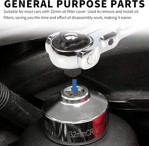 1 PC Automobile Oil Grid Wrench, 32MM Steel Hexagon Fillet High Torque Single Head Filter Socket Wrench Repair Accessory, Compatible with Most Mod...