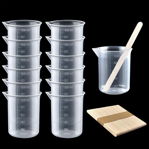 Coopay 12 Pack 100ml/3.4oz Plastic Beakers Epoxy Mixing Cups, Plastic Graduated Cups Clear Multipurpose Measuring Cups with 50 Pack Wooden Stirrin...