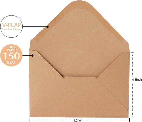 V-flap Kraft Envelopes, 50 Pack, 4 x 6 Inch, A4 Envelopes, Card Envelopes, Brown Envelopes, Kraft Paper Envelopes for Invitations, Postcard Envelo...