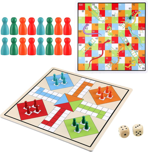 2 in 1 Snakes and Ladders, Ludo Game Set, 12 x 12 Inch Ludo Board Game 2-4 Players Family Dice Games Set Classic Double Sided Game Board for Adult...