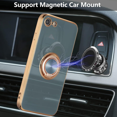 EYZUTAK Electroplated Magnetic Ring Case, 360 Rotation, Metal Finger Ring Holder, Soft Silicone Cover for iPhone SE(5G) 2022, iPhone 7/8/SE 2020 -...