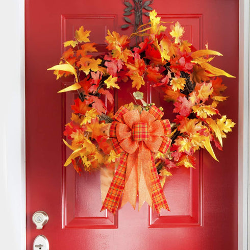 Iceyyyy Extra Large Fall Wreath Gift Bow -18.8x10.6inch Orange Buffalo Plaid Check Wreath Bow Swag Bow Thanksgiving Wreath Pre-Tied Bow For Fall, ...
