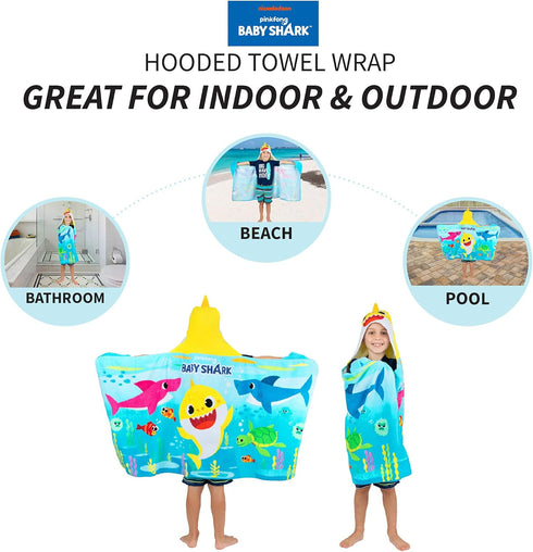 Franco Baby Shark Bath/Pool/Beach Soft Cotton Terry Hooded Towel Wrap, 24 in x 50 in, Kids...