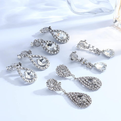 Thunaraz 4 Pairs Clip on Earrings for Women Crystal Teardrop Wedding Earrings Clip on Rhinestone Formal Chandelier Dangle Earrings for Brides Brid...