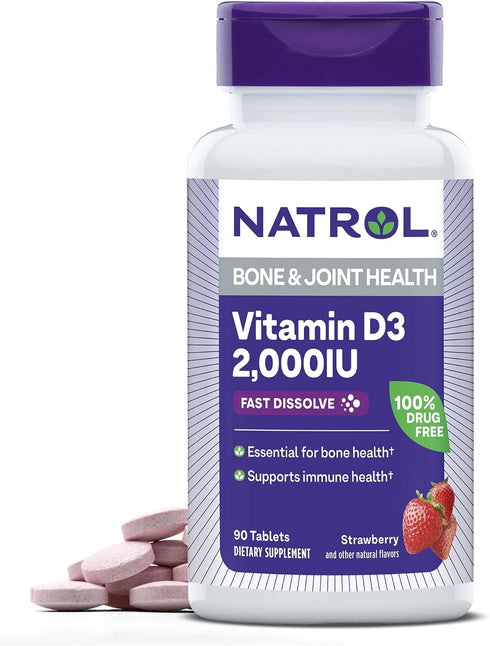 Natrol Fast Dissolve Vitamin D3 2,000 IU, Dietary Supplement for Bone and Joint Health, Bone Support Supplement, 90 Tablets, 90 Day Supply...