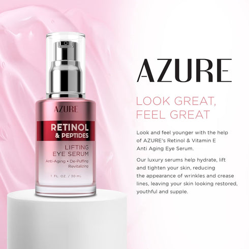 AZURE Retinol & Peptides Lifting Eye Serum - Anti Aging, De-Puffing & Revitalizing - Reduces Wrinkles, Fine Lines & Dark Under Eye Bags - Calms & ...