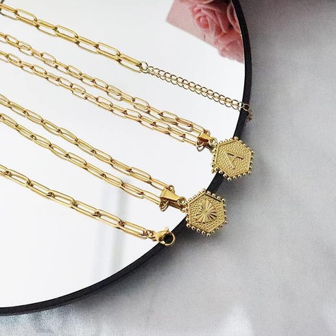 HUASAI Layer Initial Necklace for Women 18K Gold Plated Layering Paperclip Link Chain Necklace Cute Hexagon Letter Pendant Initial Choker Necklace...