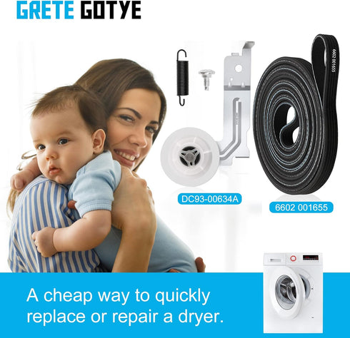 Upgraded Dryer Parts for Samsung 6602-001655 Dryer Belt, DC93-00634A Dryer Idler Pulley & DC61-01215B Tension Spring for Samsung Dryer Replacement dv45h7000ew, dv48h7400ew, dv42h5000ew, dv48j7700ew