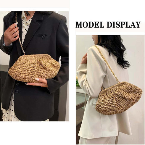 Straw Clutch Purse for Women Cloud Dumpling Pouch Beach Crossbody Shoulder Bag Summer Beach Clutch Woven Handbag...